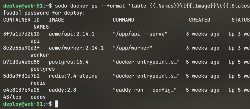 sudo docker ps at a [sudo] password for deploy prompt, then the container list