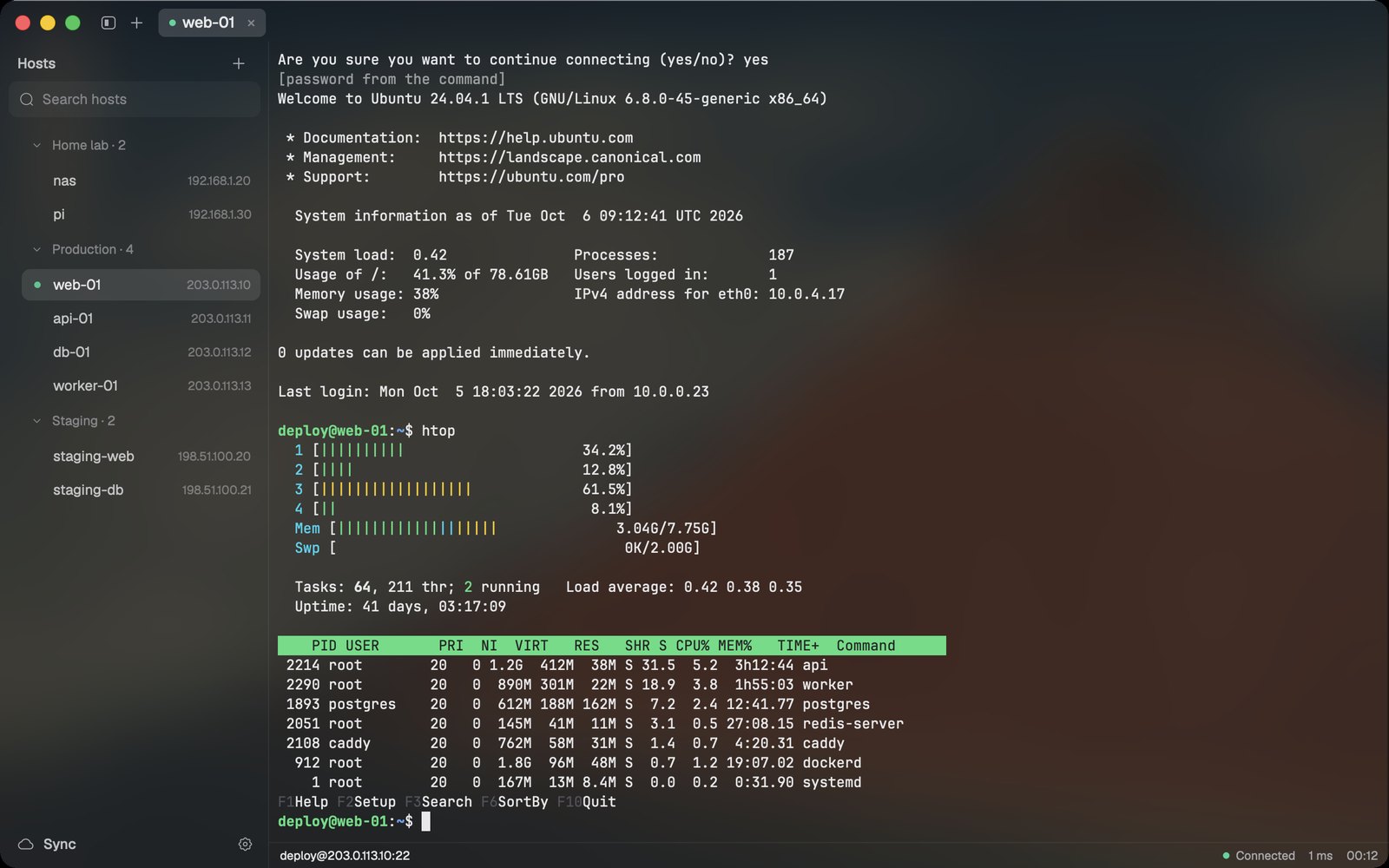 tern connected to web-01 and running htop, status line showing Connected, 1 ms and session time